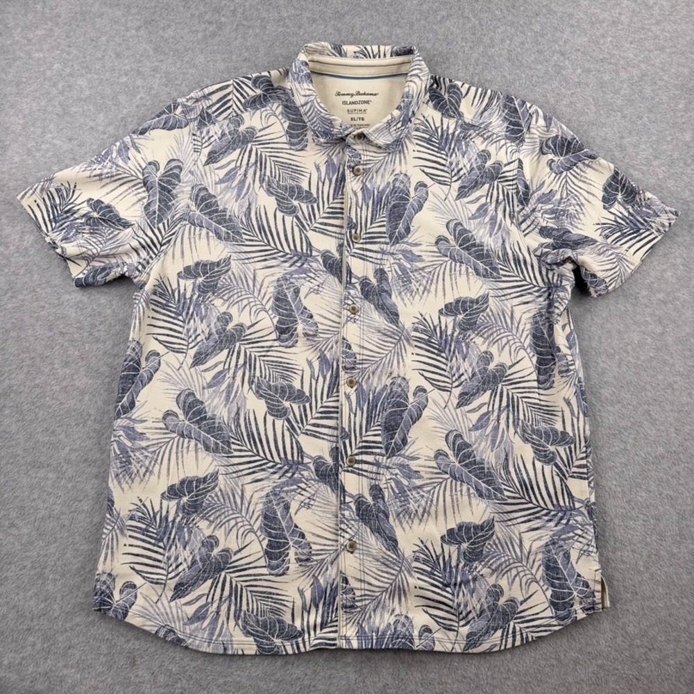 Tommy Bahama Shirt Men XL Blue White Island Zone Coast Floral Hawaiian Supima